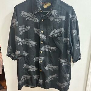 Caribbean Mens Black Silk‎ Short Sleeve Button Up Shirt Classic Car Print Size L